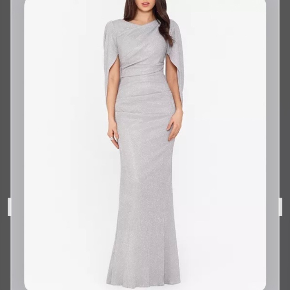 BETSY & ADAM Metallic Cape-Sleeve Drape Back V-back Gown in Taupe/Silver Size 4 - Picture 5 of 6